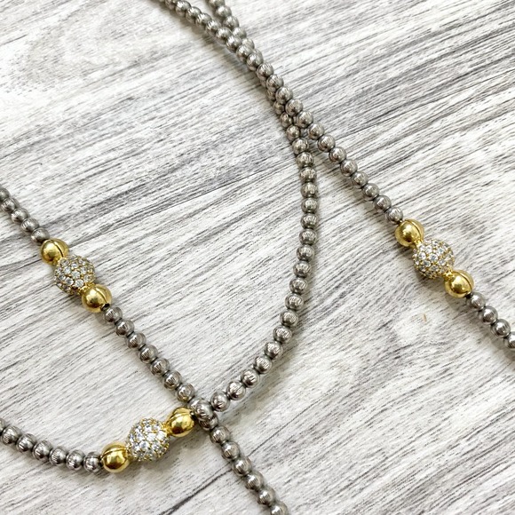 Opera style long necklace silver and gold with small clear stones - Picture 2 of 6